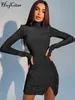 Hugcitar Shine Turtleneck Shoulder Pads Slit Mini Dress 2021 Fall Women Fashion Sexy Club Outfits Vestidos Kleider Mit Schlitz Y1204