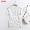 Tangada Summer Women Elegant Print Bawełna T Shirt Krótki Rękaw O Neck Tees Office Damska Koszula Top 6D14 210609