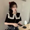 Japan Style Sweet Black Short Sleeve Peter Pan Collar Tops Summer Lace Patchwork Purple Blouse Women Girls Blusas Mujer Preppy 210610