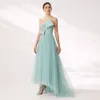 Sage High Low Bridesmaid Dresses Strapless Bow Neck A Line Country Maid of Honor Gowns Golvlängd Plus Storlek Tulle Pleated Wedding Guest Dress