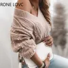 Women Solid Cut-out Lace-up Long Sleeve Beaded Cable Knit Sweater Women Top