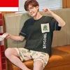 夏のナイトガウンパジャマスーツ半袖睡眠セットメンズOネックナイトウェアTシャツパンツナイトイピジャマスローブナイズホームウェア210918