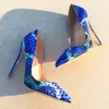 fashion women shoes blue python snake printed blue leather pointy toe stiletto stripper High heels Prom Evening pumps large size 44 12cm