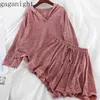 Casual lâche femmes deux pièces ensemble à manches longues col en V Hoodies pyjama court survêtement femme Sport costume 210601