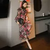Elegante MIDI-jurk voor vrouwen lange mouw hoge taille floral print golfted ruches slanke jurken zomer stijl mode 210529