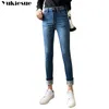 Vinter tjock plus sammet kvinnor hög midja skinny jeans enkel fleece varm smal passform sträcka damer casual denim penna pants 210809