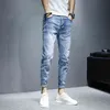 Partihandel Tonåringar Denim Jeans Mäns Koreanska Fötter Märke Sträcka Byxor Sommar Tunna Casual Ripped Ankel Längd Byxor 211108