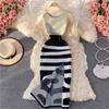 Vintage Paski Knitting Dress Kobiety Elegancki O-Neck Bez Rękawów Slim Fit Bodycon Midi Sukienka Sexy Split Party Dress Summer Odzież G1214