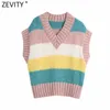 Zevity Spring女性のファッションVネックカラーマッチストライプカジュアルニットセーターシックなレジャーノースリーブベストトップスS613 210603