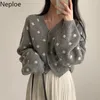 Damska Nikoz Tees Neploe Fall 2021 Kobiety Odzież Vintage Polka Dot Dzianiny Kartkowość Coat V-Neck Długi Rękaw Sueter Koreański Luźny sweter
