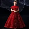 Blush Red Bling Flower Girls Sukienki Długie Rękawy Do Wesela Koronkowe Aplikacje Ball Suknia Urodzinowa Dziewczyna Communion Suknie Pagewne