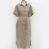 Simple Casual Loose Lapel Women Shirt Dress Spring Summer Single-Breasted Lace-Up Short Sleeve Female Dress Robe Femme 9948 210527