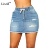 Liooil Blue Denim High cintura buraco mini saia com roupas de bolso roupas rua streetwear Decote afligido cordão sexy bodycon saias 210629
