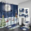 Blue Christmas Elk Print Douchegordijn Set met Anti Slip Toilet Mat Rug Tapijt Bad Producten Badkamer Home Decor Haken 211119