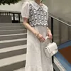 Korejpaa Women Dress Summer Korean Chic Elegant Temperament Doll Collar Flower Embroidery Stitching Puff Sleeve Vestidos 210526