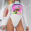 Kvinnors Sexig Grundläggande Bodysuit Fashion Girl Printed Långärmad Turtleneck Top Stretchy Romper Ladies Jumpsuit High Street Bacis Y0927