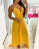 Mode taille haute nouvelle sangle jaune robe irrégulière dos nu femmes longue robe une ligne couleur unie sans manches col en V Y1006