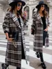 Women's Wool Women's & Blends Checked Women Jacket Turn Down Overcoat Thin Plaid Long Coat Oversize Retro Female Streetwear Shirt 2022