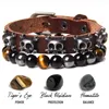 Pulseira de caveira gótica punk com fios frisados, bracelete com pedra de olho de tigre natural para homens, hematita e obsidiana, equilíbrio energético, couro 6406688