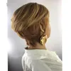 Honey Blonde Color Wavy Human Hair Wig With Bangs Short Bob Pixie Cut No Lace Front Wigs For Women