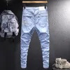 Men's Jeans Street Style Fashion Men Retro Light Blue Spliced Designer Biker Embroidery Elastic Hip Hop Denim Pencil Pants