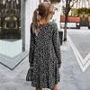 가을 겨울 기질 인쇄 드레스 여성 캐주얼 버튼 여성을위한 라인 느슨한 무릎 길이 드레스 2021 새로운 패션 210306