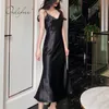 Ordifree Sommer Frauen Lange Satin Slip Kleid Spaghetti Strap Party Kleid Vintage Rosa Gold Schwarz Seide Sexy Maxi Kleid 210309