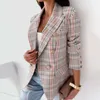 Ekose Blazer Ceket Kadınlar İlkbahar Sonbahar Uzun Kollu Rahat Ince Ince Blazers Haki Kadın Mont Zarif Ofis Suit Coat 210929