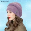 Joshuasilk Cappello d'angora da donna invernale Double Warm Decorazione a strisce tridimensionali Bulky 211228