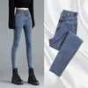 GUUZYUVIZ High Waist Jeans Autumn Winter Pencil Pants Denim Buttons Ladies Jeans Trousers High Elasticity Plus Size Jean Femme 211111