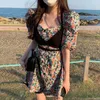 Korjpaa Kvinnor Klänning Korea Chic Retro Elegant Square Collar Floral Tube Top Tie Waist Single-Breasted Bubble Sleeve Vestido 210526