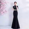 Vestido de noite preto chinês tradicional qipao oriental cheongsam grânulos borla sereia bainha longa mulheres vestidos