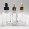 Flacone di vetro contagocce per succo liquido quadrato da 30 ml Flacone di profumo vuoto per e-juice Rettangolo con tappo nero dorato argento per Essential Oi