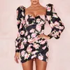 Floral Print Sexy Dress For Women Square Collar Puff Long Sleeve High Waist Ruched Slim Mini Dresses Female Summer 210531