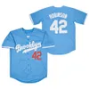 1955 Vintage Baseball 42 Jackie Robinson Retro Jersey Cool Base Cool Colore Blu Bianco Grigio Nero Tutto cucito per gli appassionati di sport in pensione Cooperstown traspirante alto / top