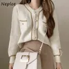 Neploe Jesień Chic Pearl Button Swetry Moda Proste Cardigans Kobiety O-Neck Casual All-Dopasuj Podwójne Kieszenie Płaszcz 1G715 211218