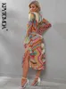 KPYTOMOA Женщины Шикатная Мода с натянутой натянутой напечатанное MIDI платье старинные с длинным рукавом боковые вентиляционные женские платья Vestidos Mujer 211206