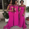 2021 New South African Mermaid Bridesmaid Dresses for Wedding Cap Sleeves Lace Satin Formal Party Dresses Ruched Fushia Maid of Honor Gowns