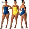 Women Sexy Denim Bodycon Strapless Belt Bodysuit Streetwear Blue Yellow Burr Jean Backless Romper Club Skinny Sleeveless Overall 210709