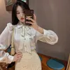 Blouse vrouwen bladerdeeg lange mouwen strikje turn-down kraag blusas femme lente koreaans elegant shirt 6F549 210603