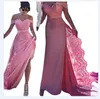 2022 Long Pink Prom Dress Off Shoulder With Lace Applique Guest Dress Back Zipper Court Train Evening Gowns