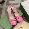 Chic Women Leather Mid-Heel Slingback Dress Shoes Square Formed Toe Designer Lady Letter Tryckt Skulpterat Block H￤lgummisulpump