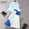 Spring Fashion Runway Designers Women Suit Solid Blue Blouse and Pleated Midi Skirt Suit Elegant Lady Party Office Twinset 210601