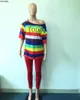 Autumn Sporting Women set Rainbow Striped Letter Print T-shirt Skinny Pencil Pants Suit Two Piece Set Elegant Tracksuit GL136 210727