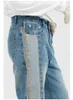 IEFB Mäns Slitage Färg Block Patchwork Blå Jeans Vår Koreanska Streetwear Design Tvättade Denim Straight Loose Byxor 210716