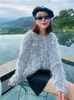 Automne nouveau design femmes couleur grise mohair laine tricoté lurex patché perles chaud doux pull cardigan manteau SML