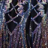 Autumn Chic Glitter Geometric Sequin Bodycon Dress Sleeveless V-Neck Ruffle Embellished Party Long Vestidos 210527