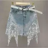 Kvinna denim shorts sommar slitage hög midja bantning tunga pärlstaven sequin fransed ripped wide ben byxor jeans 210708