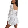 여름 여자 섹시한 bodycon 흰색 꽃 드레스 패션 레이디 스퀘어 칼라 퍼프 슬리브 파티 클럽 섹시한 여자 sundress