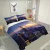 Morden blue night building curtains Bedding Set Red 4pcs Duvet Cover Sets Pillowcase 3D Bedding Sets